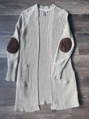 Olga Beige Open-Front Cardigan with Brown Elbow Patches